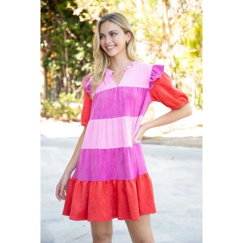 Boy Tiered Suede Feel Peasant Dress Women’s Size Small pink Purple Red Stripes